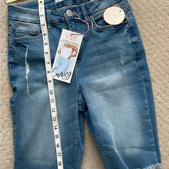 YMI Women’s Blue Ultra High Rise Curvy‎ Stretch Frayed Denim Shorts-Sizes 1 & 3 - Picture 7 of 10